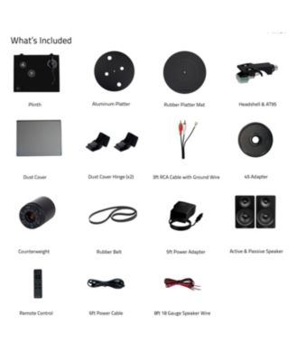 high-fidelity, Bluetooth-enabled, belt-drive, built-in preamp, 90W Class D amplified vinyl turntable system with stereo speakers, stylus.