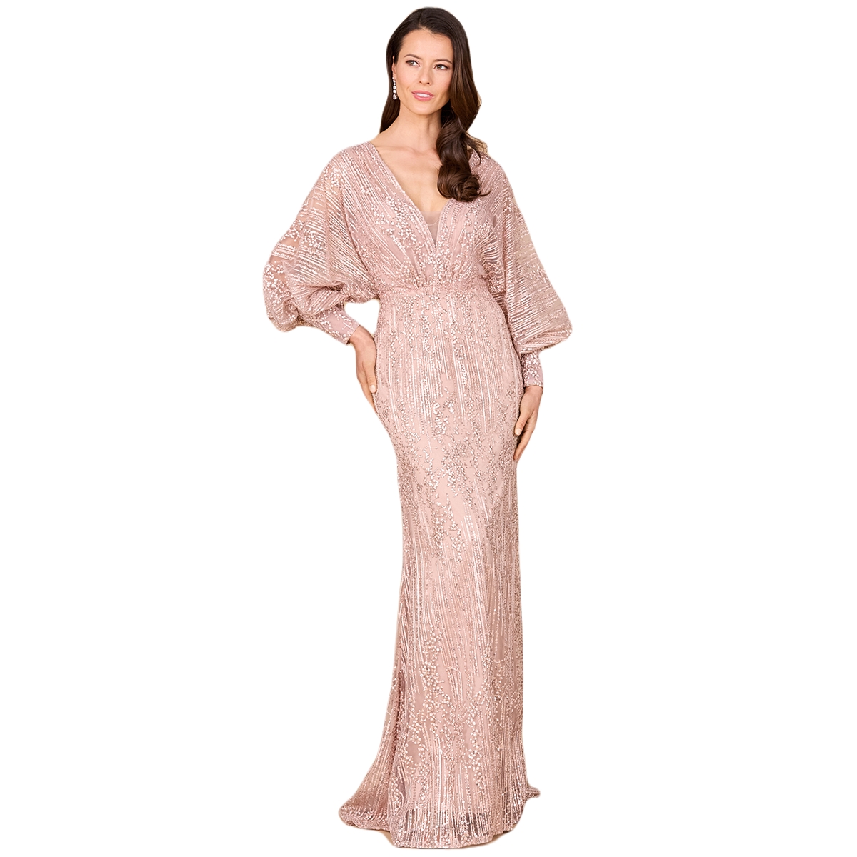 Women's Long Bishop Sleeve Lace Gown - Navy