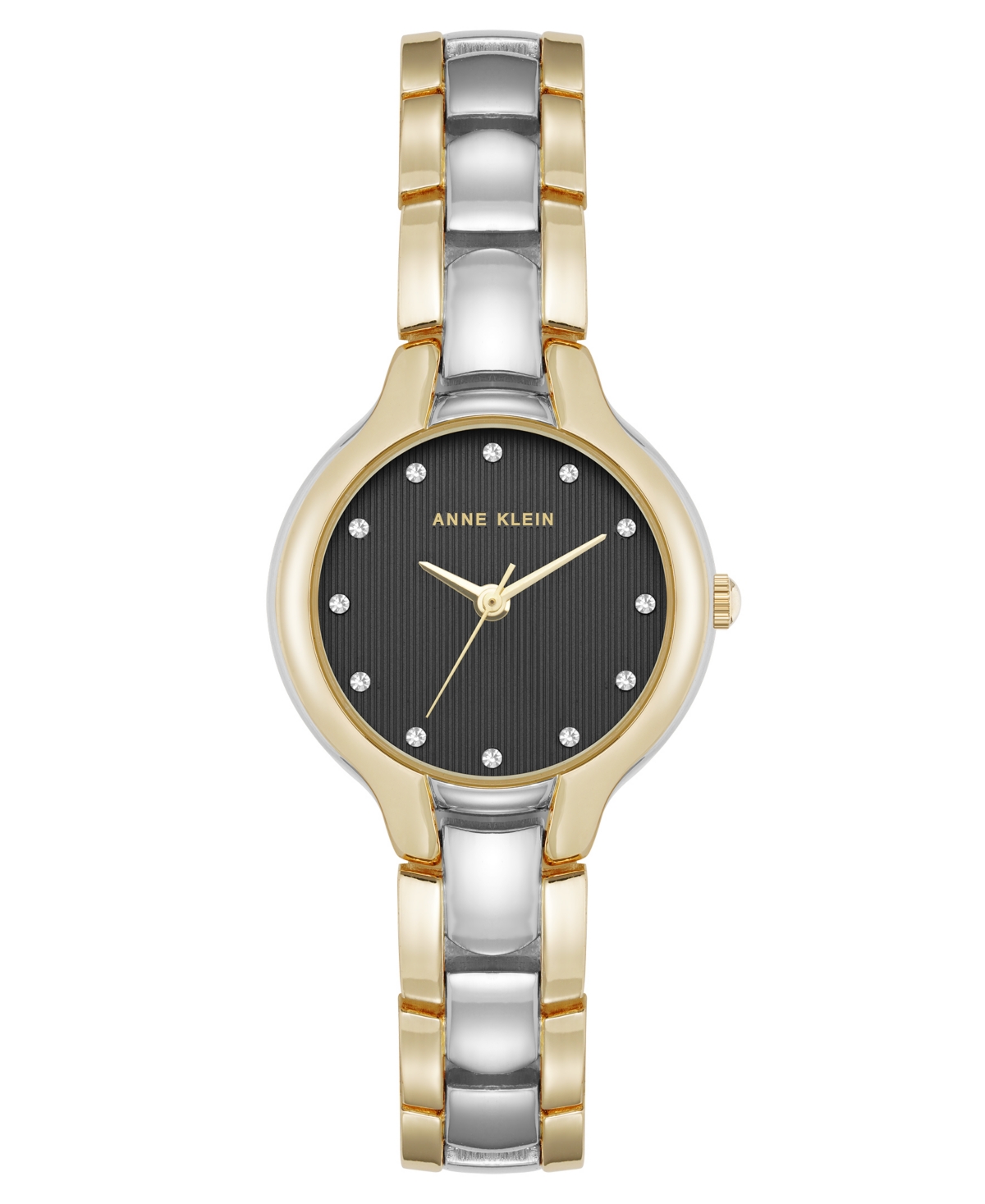 Anne Klein Women's Quartz Two-tone Metal Alloy And Black Crystal Accented Dial Watch, 28mm In Black,silver-tone,gold-tone