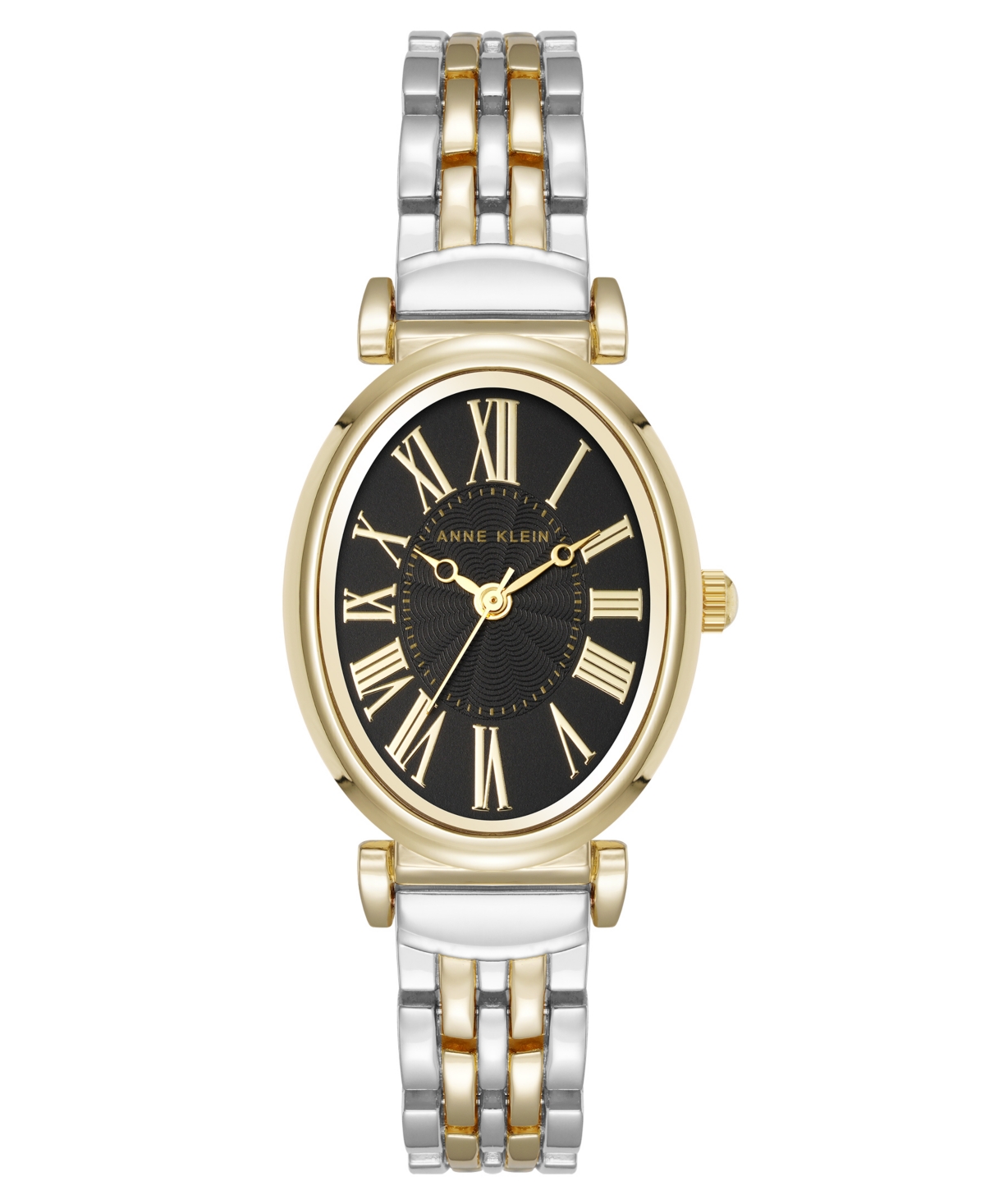 Anne Klein Women's Quartz Oval Roman Numeral Two-Tone Metal Alloy and Black Dial Watch, 25mm - Black, Silver-Tone, Gold-Tone