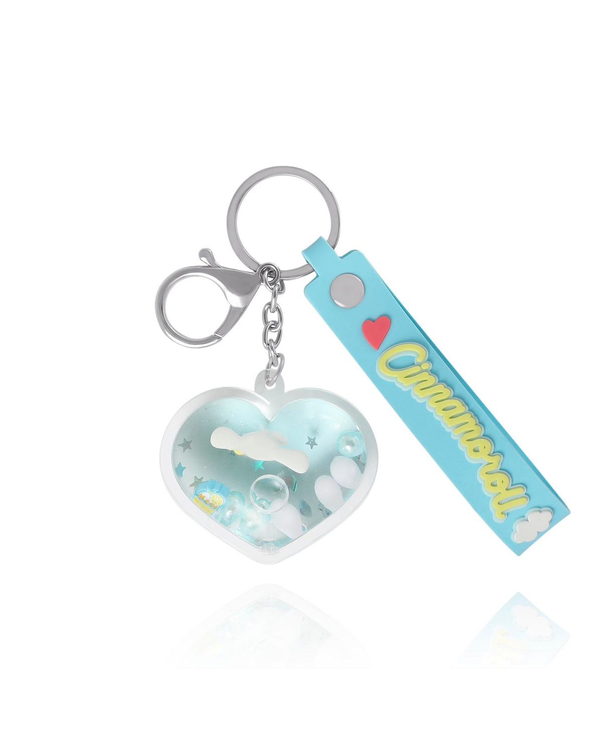 Cinnamoroll Heart Keychain with Blue Strap and Floating Charm - Blue, white, clear, silver