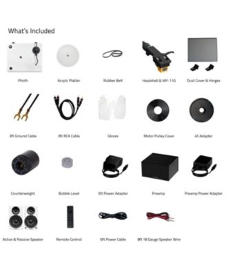 RT85N – Hi-fi vinyl turntable (white), PA10 preamp, Ai41 5" speakers (bamboo), MP-110 cartridge, 90W amp, Bluetooth – audio setup.