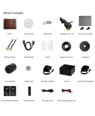 RT85N – Hi-fi vinyl turntable (white), PA10 preamp, Ai41 5" speakers (bamboo), MP-110 cartridge, 90W amp, Bluetooth – audio setup.