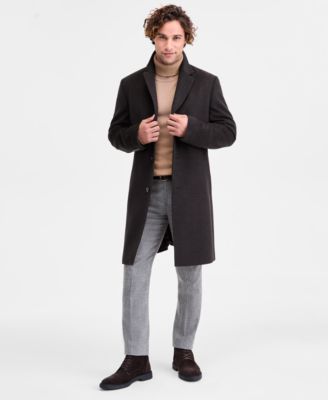 Michael Kors - Men's Classic-Fit Olive Navy Plaid Wool Blend Overcoat