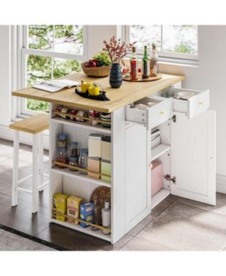 Kitchen Island with Stools, Large Countertop with Drop-Leaf