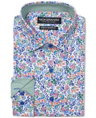 Nick Graham Men's Dress Shirt - Dot Diamond Pattern, Performance Stretch Fabric (Green, Sizes XL-2XL)