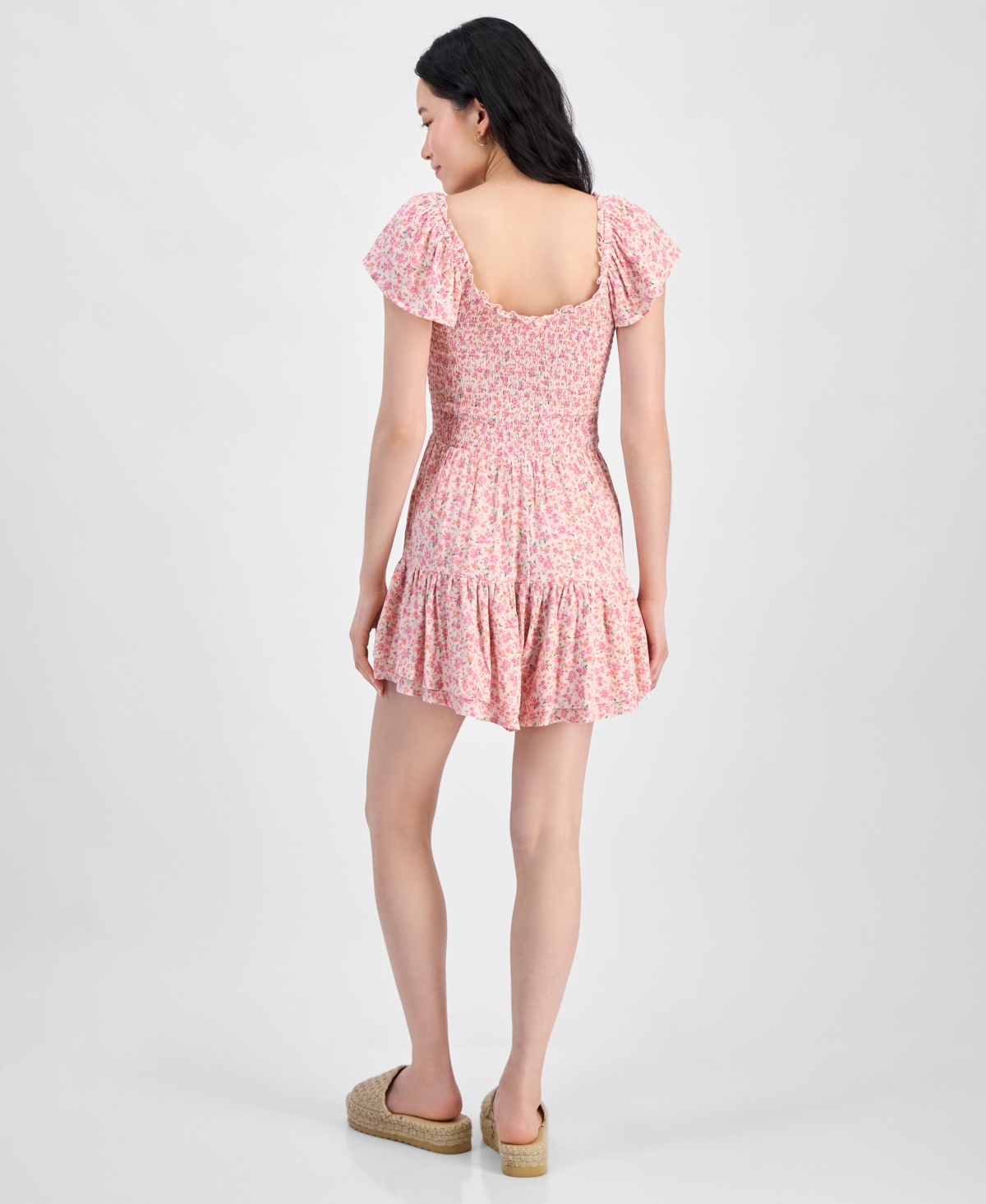 SELF ESTEEM JUNIORS' FLUTTER-SLEEVE SMOCKED RUFFLE-HEM ROMPER 