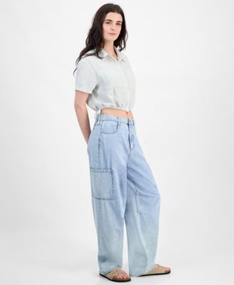 Juniors' Cropped Stripe Side-Tie Blouse