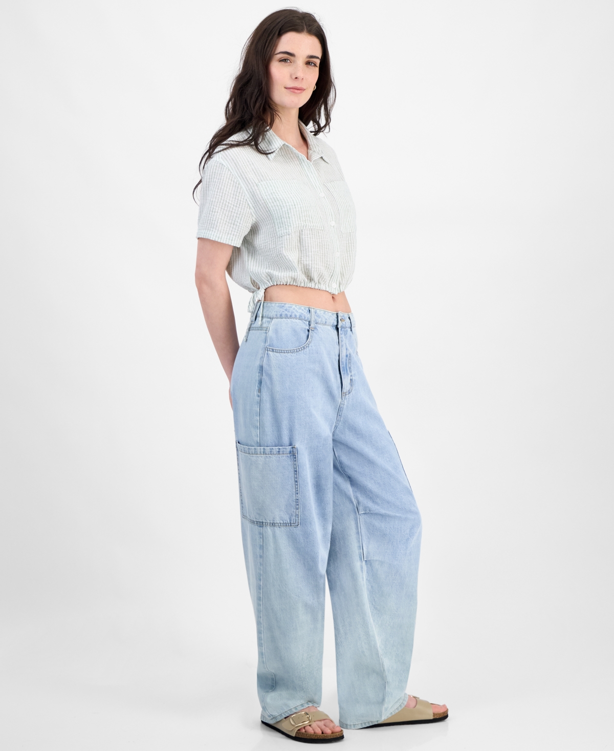 Ultra Flirt Juniors' Cropped Stripe Side-tie Blouse