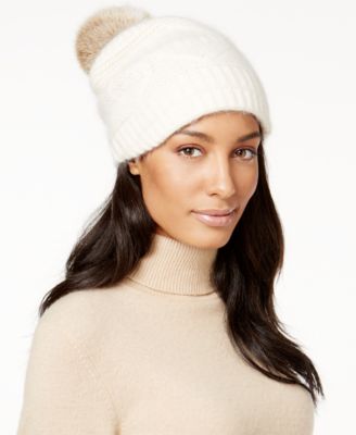 Surell Cozy Angora and Rabbit Fur Knit Beanie with Pom Pom Surell Accessories Knit Hat with Rabbit Pom and Visor main image 2