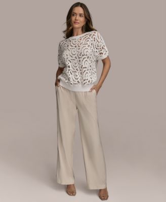 売れ筋商品|||ダナ キャラン ニューヨーク カットソー トップス レディース Women's Short-Sleeve Crochet Top Sand ダナ キャラン ニューヨーク レディース カットソー トップス