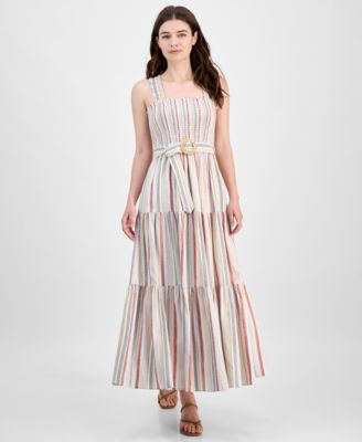 Anne Klein - Women's Striped Smocked-Bodice Tiered Dress