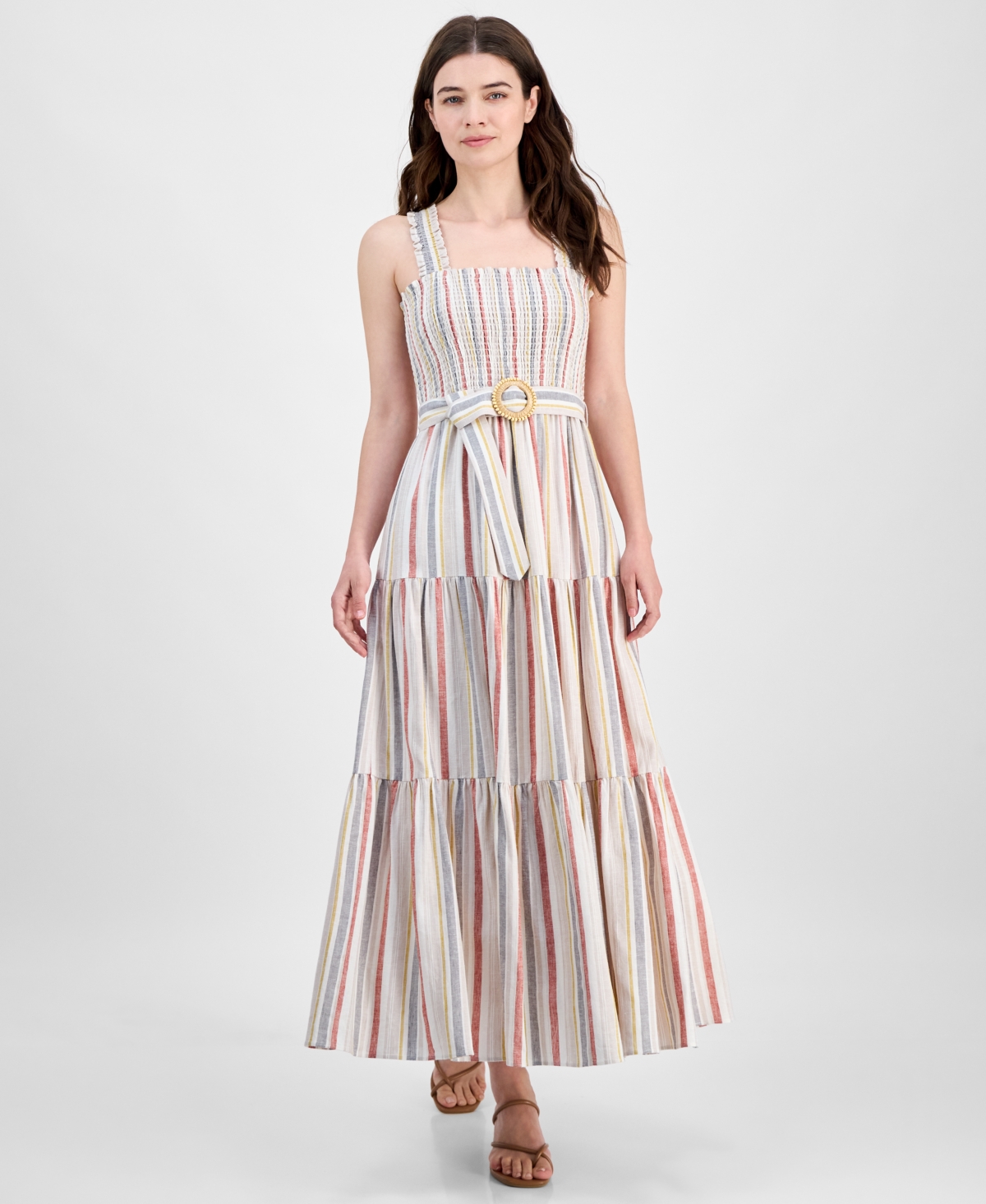 Women's Striped Smocked-Bodice Tiered Dress - Egret Multi