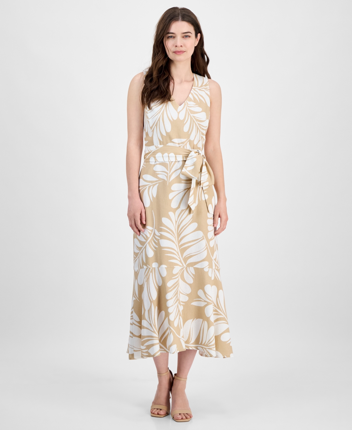 Anne Klein Leaf Print Sleeveless Midi Dress In Multi