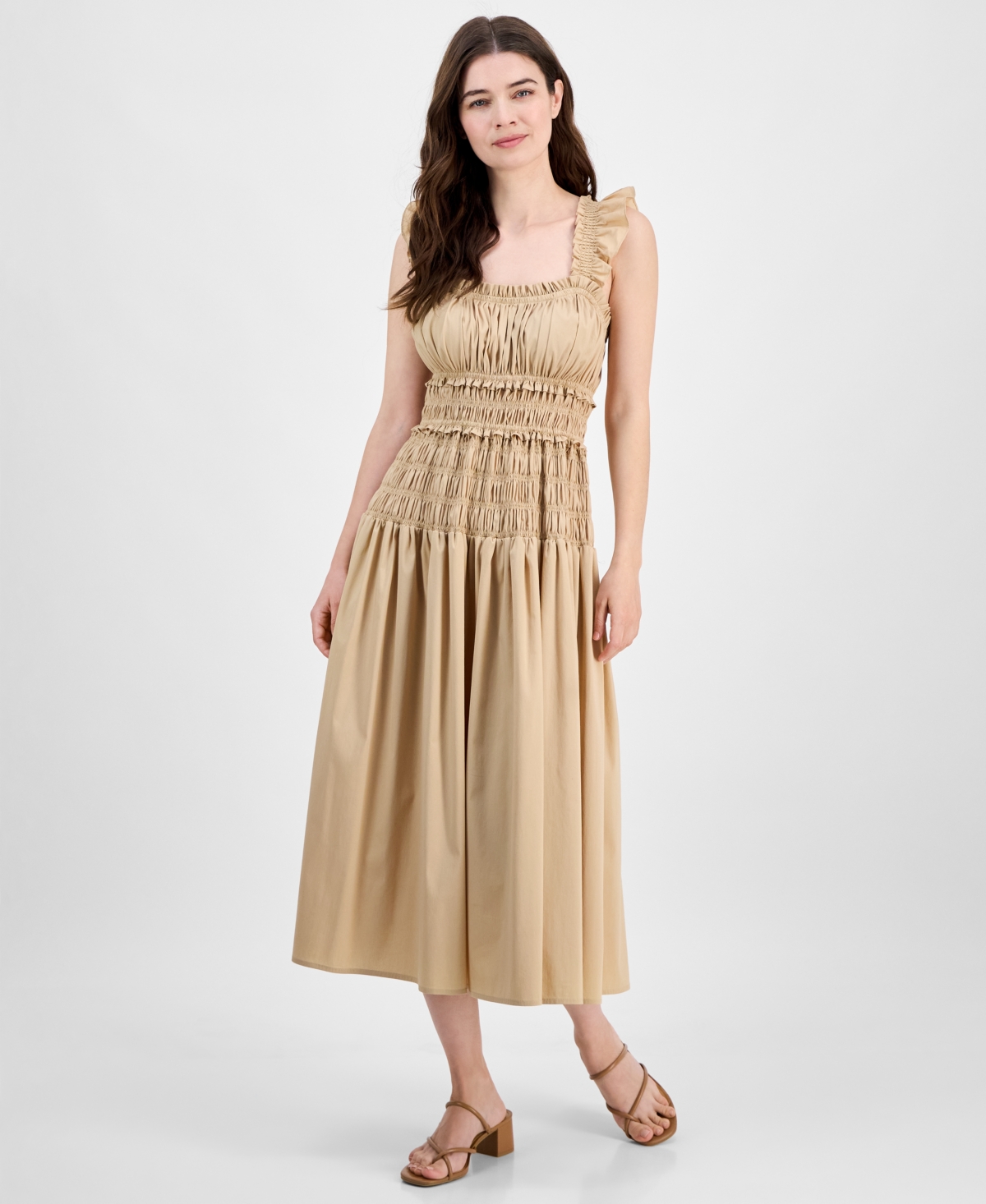 Anne Klein Smocked Ruffle Trim Midi Dress