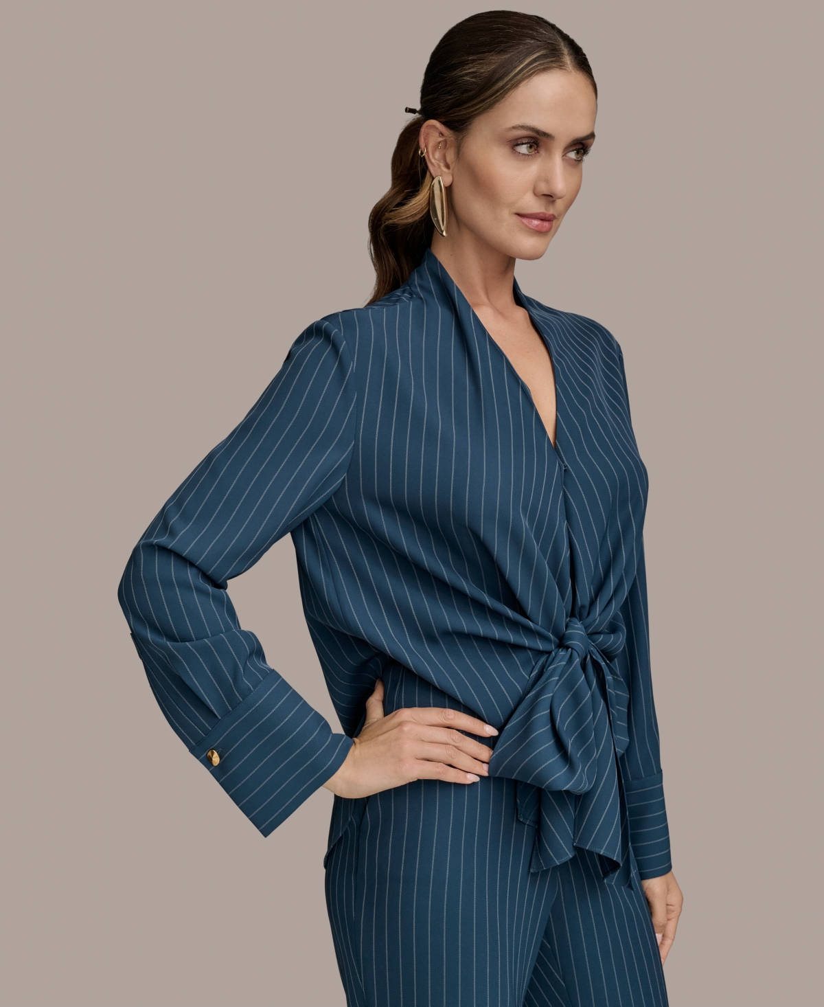 Shop Donna Karan Women's Tie-front Pinstripe Blouse