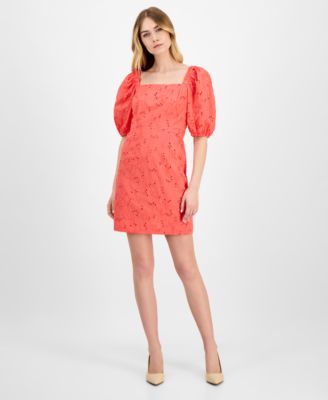 Anne Klein - Women's Square-Neck Puff-Sleeve Eyelet Dress