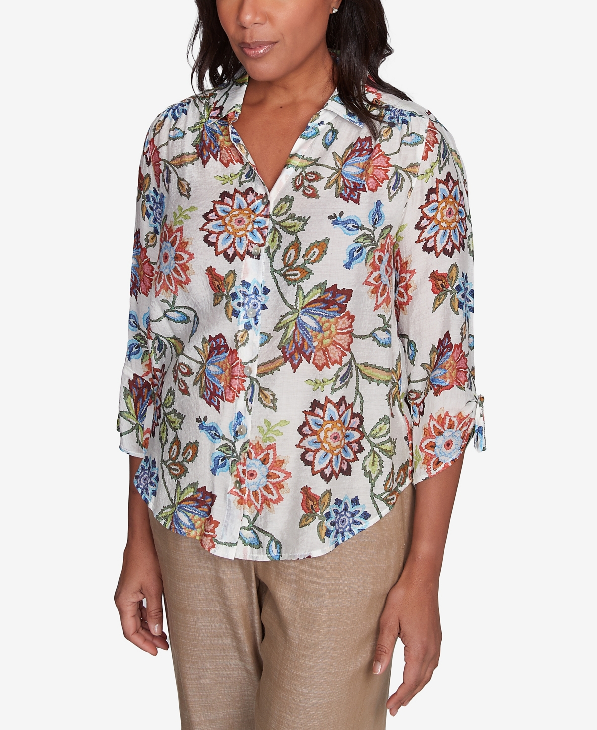 Alfred Dunner Plus Size Summer Solstice Batik Floral Button Front Top In Neutral Multi