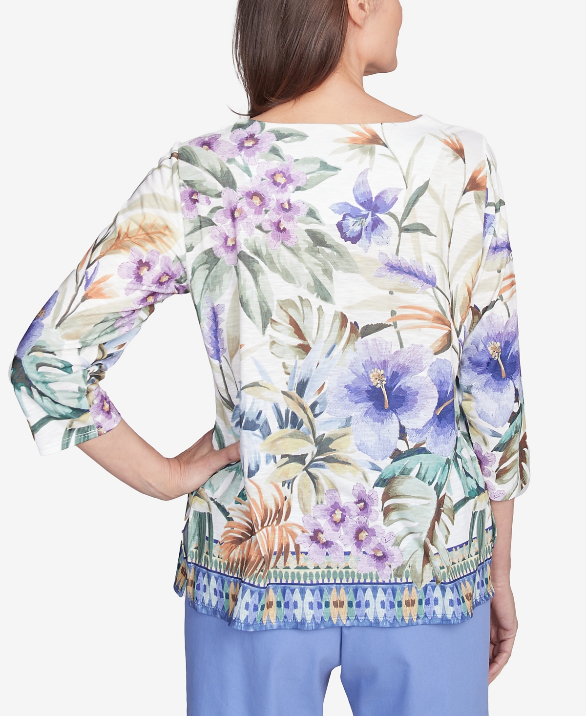Alfred Dunner Plus Size Santa Fe Tropical Floral Border Top In Aloe Multi