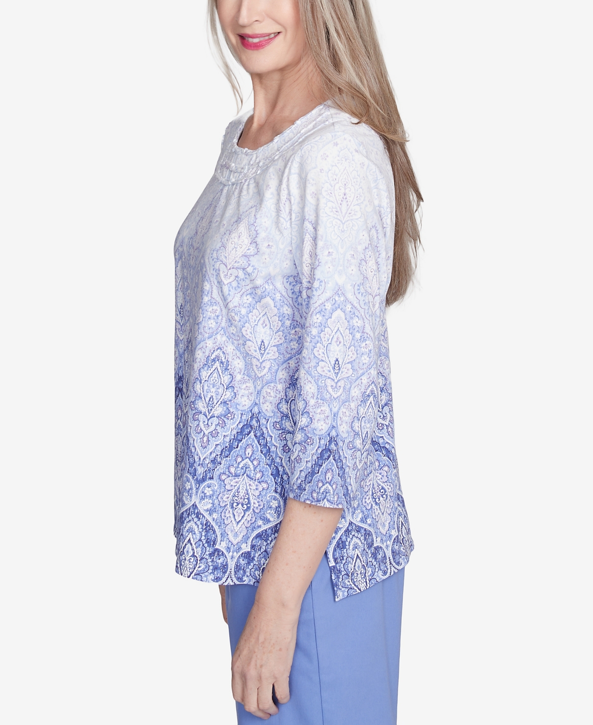 Alfred Dunner Plus Size Santa Fe Ombre Medallion Crew Neck Printed Top In Iris