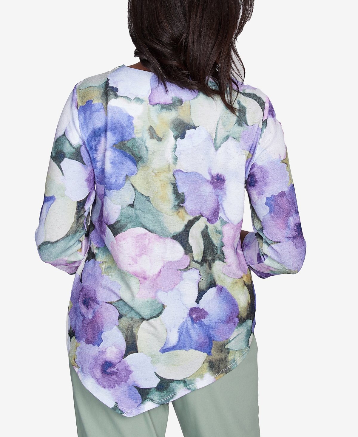 Alfred Dunner Petite Dramatic Pansies Print Three Quarter Sleeve Top In Iris Multi
