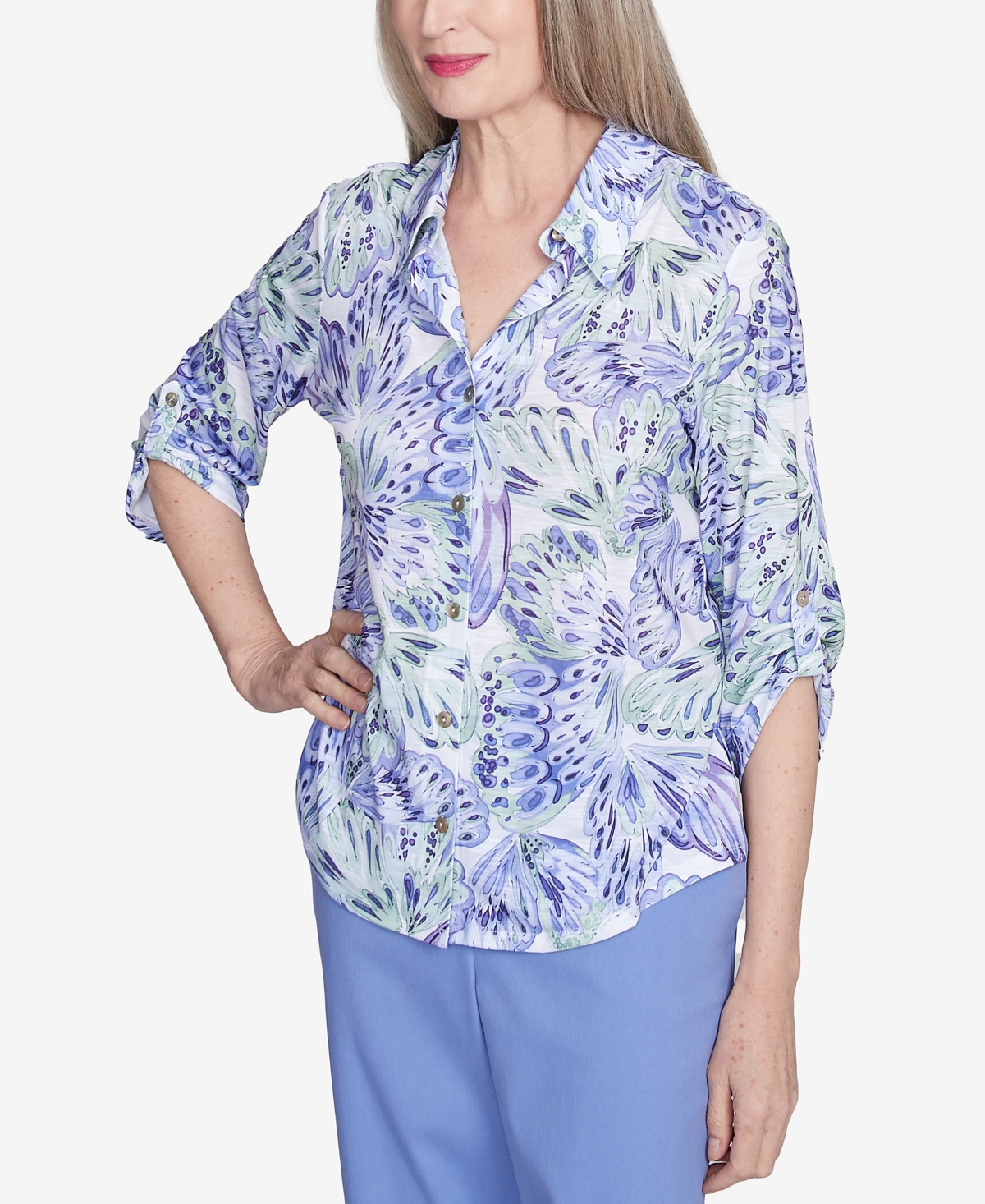 Alfred Dunner Plus Size Santa Fe Abstract Butterfly Collared Button Front Top In Iris Multi