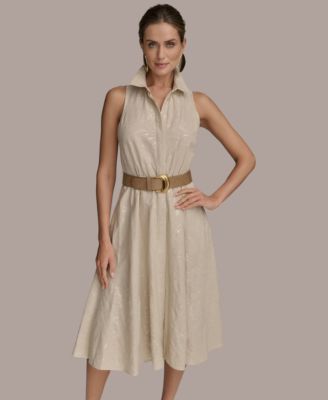 Women's Sequin Embellished Linen Belted Shirtdress