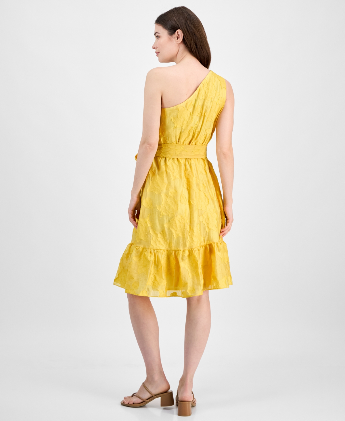 Anne Klein Floral Embroidered One-shoulder Midi Dress In Yellow