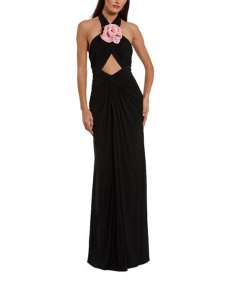 Women's Jersey Crossover Halter Neck Gown With 3D Flower