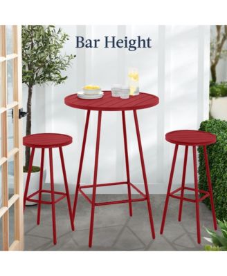 3-Piece Steel Patio Bar Height Round Bistro Set w/ Backless Stools, Slatted Design