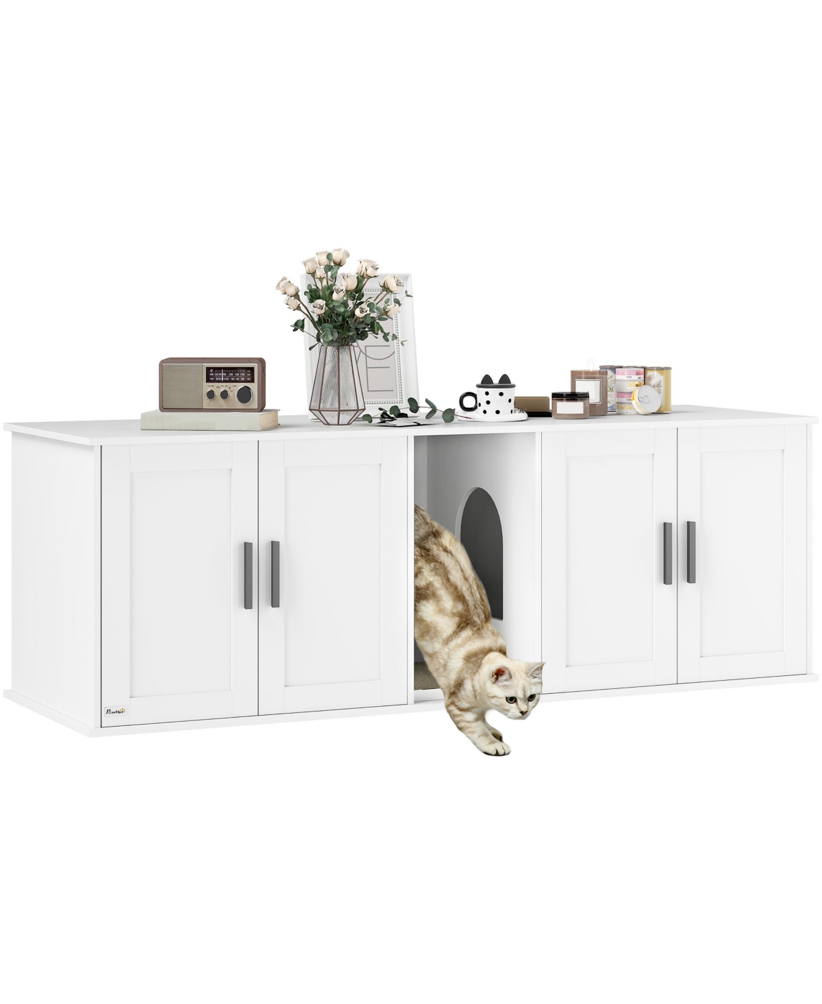 Cat Litter Box Enclosure, Litter Box Furniture with Scratching Mat - White