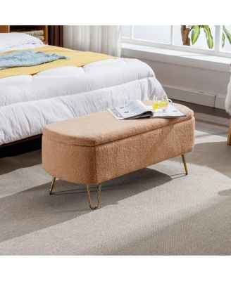 Modern Faux Fur Upholstered Storage Ottoman Bench with Metal Legs, Padded Seat for Entryway, Bedroom, or Hallway