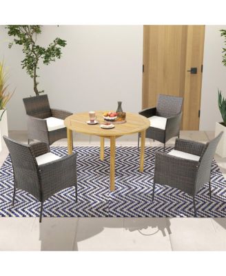 5 PCS Patio Dining Set Round Acacia Wood Table 4 Cushioned Wicker Armchairs