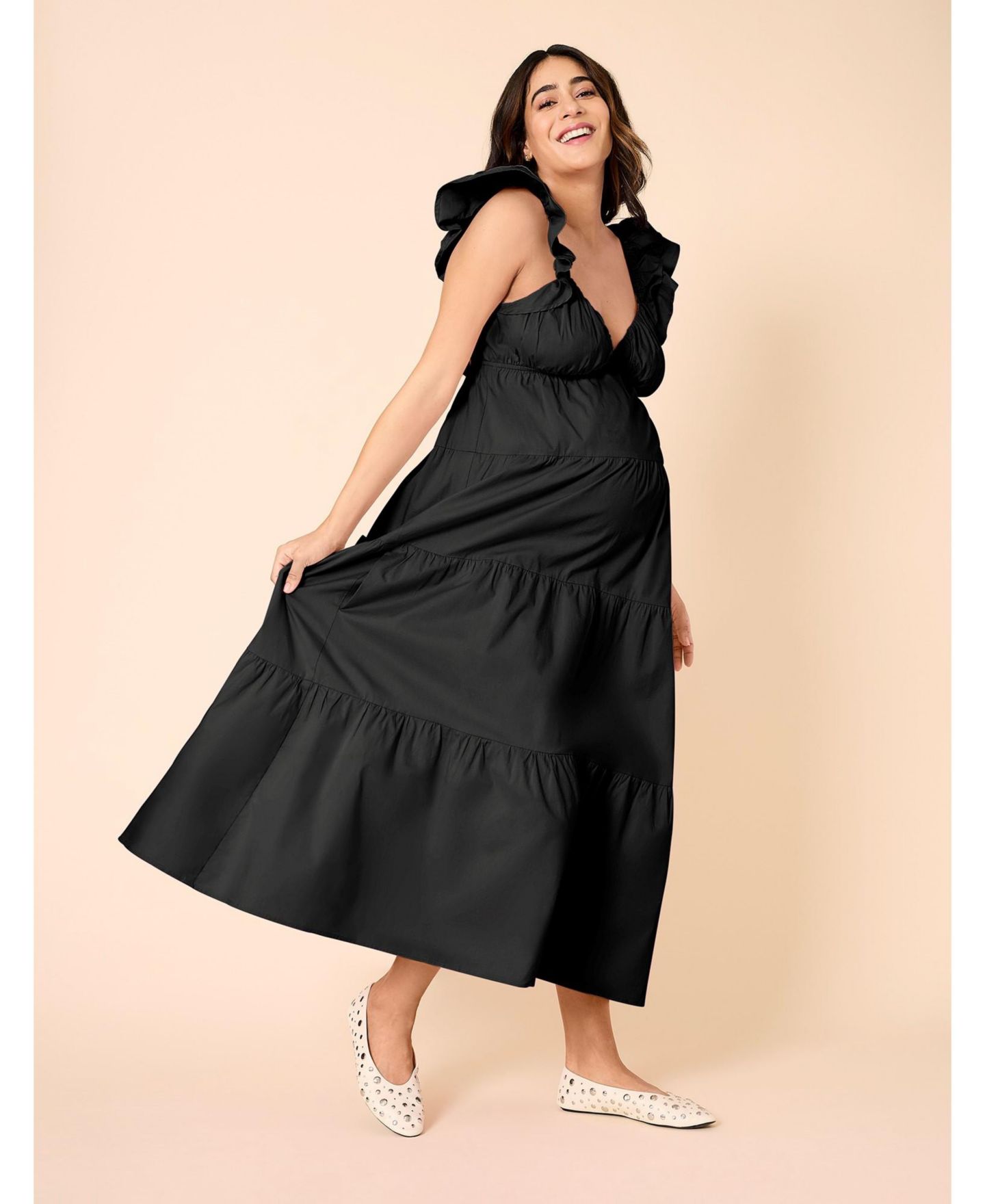 Женское платье Motherhood Maternity Ruffle Sleeve Tie-Back Maxi Dress - Motherhood, цвет: Чёрный — фото 4