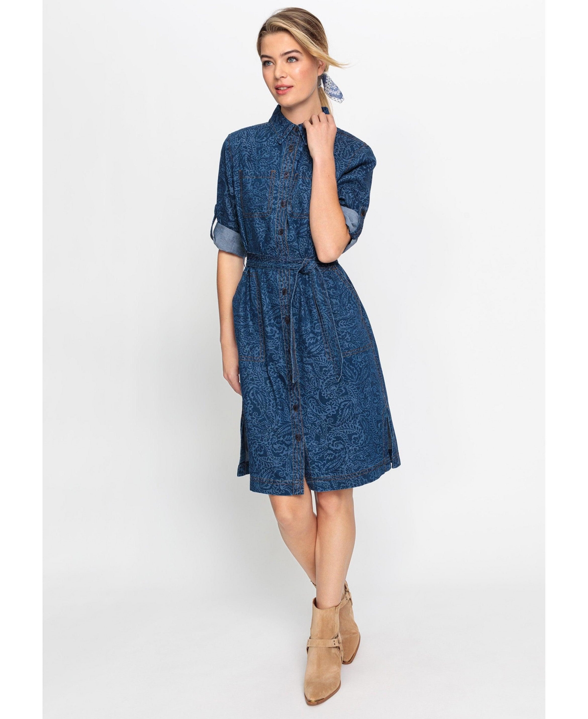 Women's Paisley Denim Shirt Dress - Ink blue