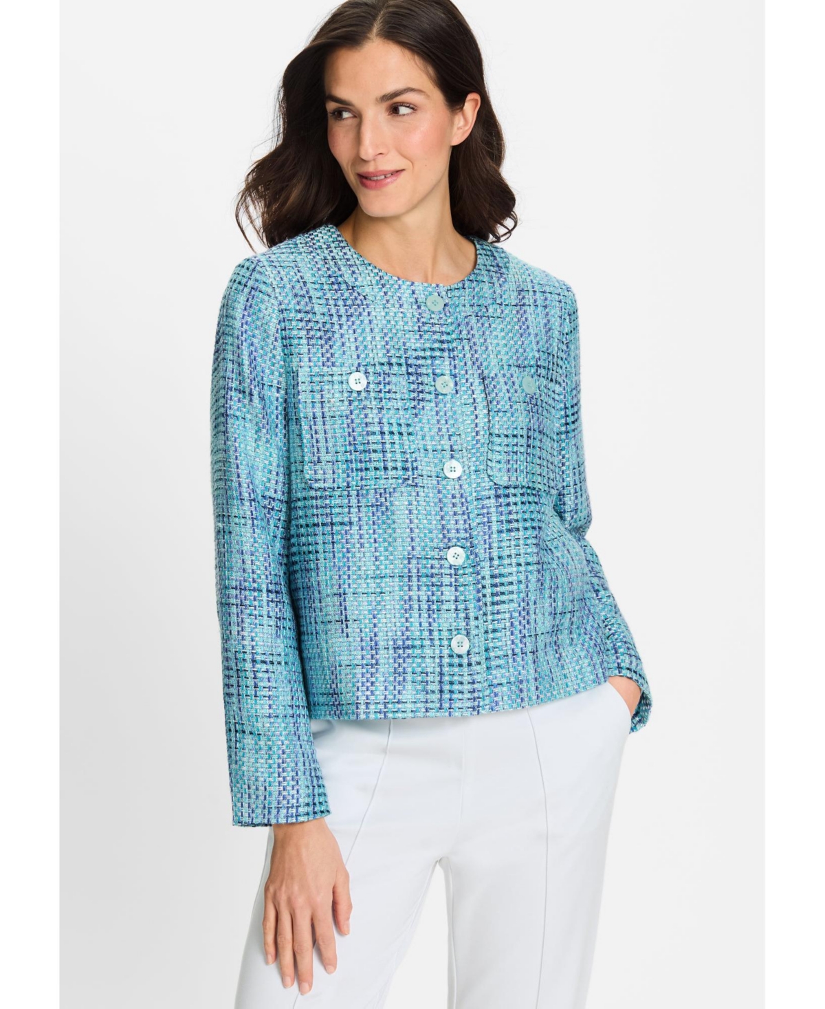 Women's Cropped Tweed Jacket - Aqua mint