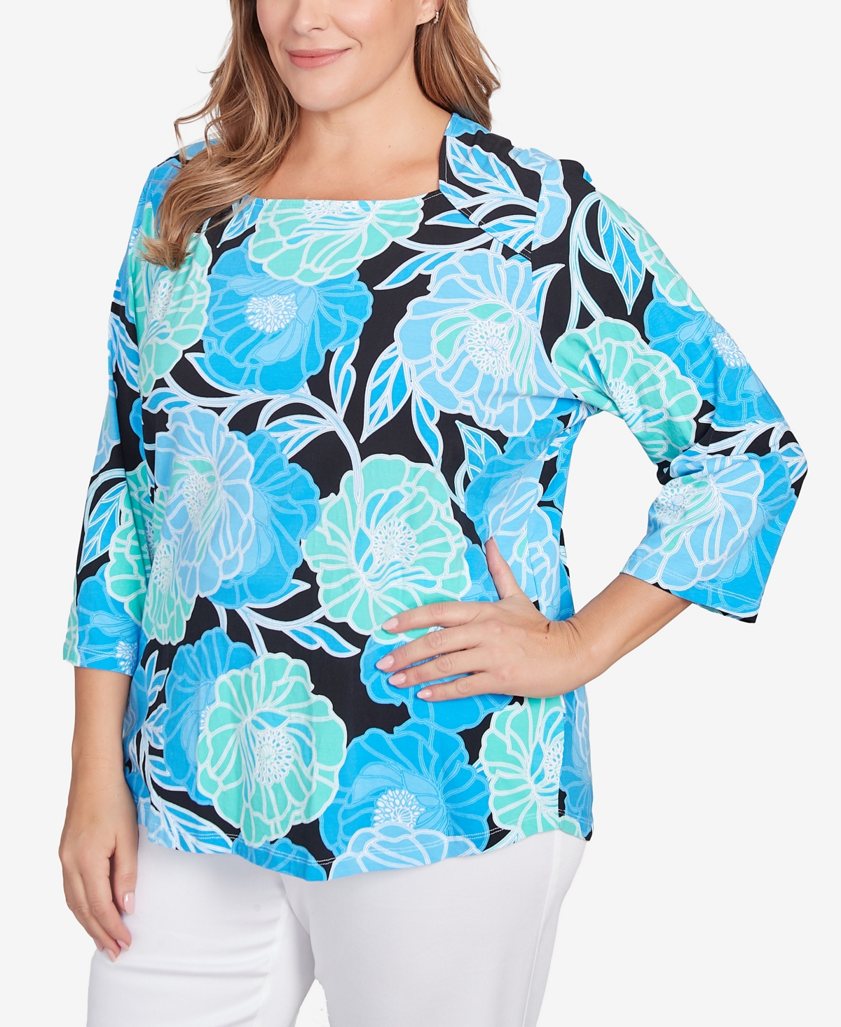 Ruby Rd. Plus Size Bold Poppies Envelope Neck Top In Lagoon Multi