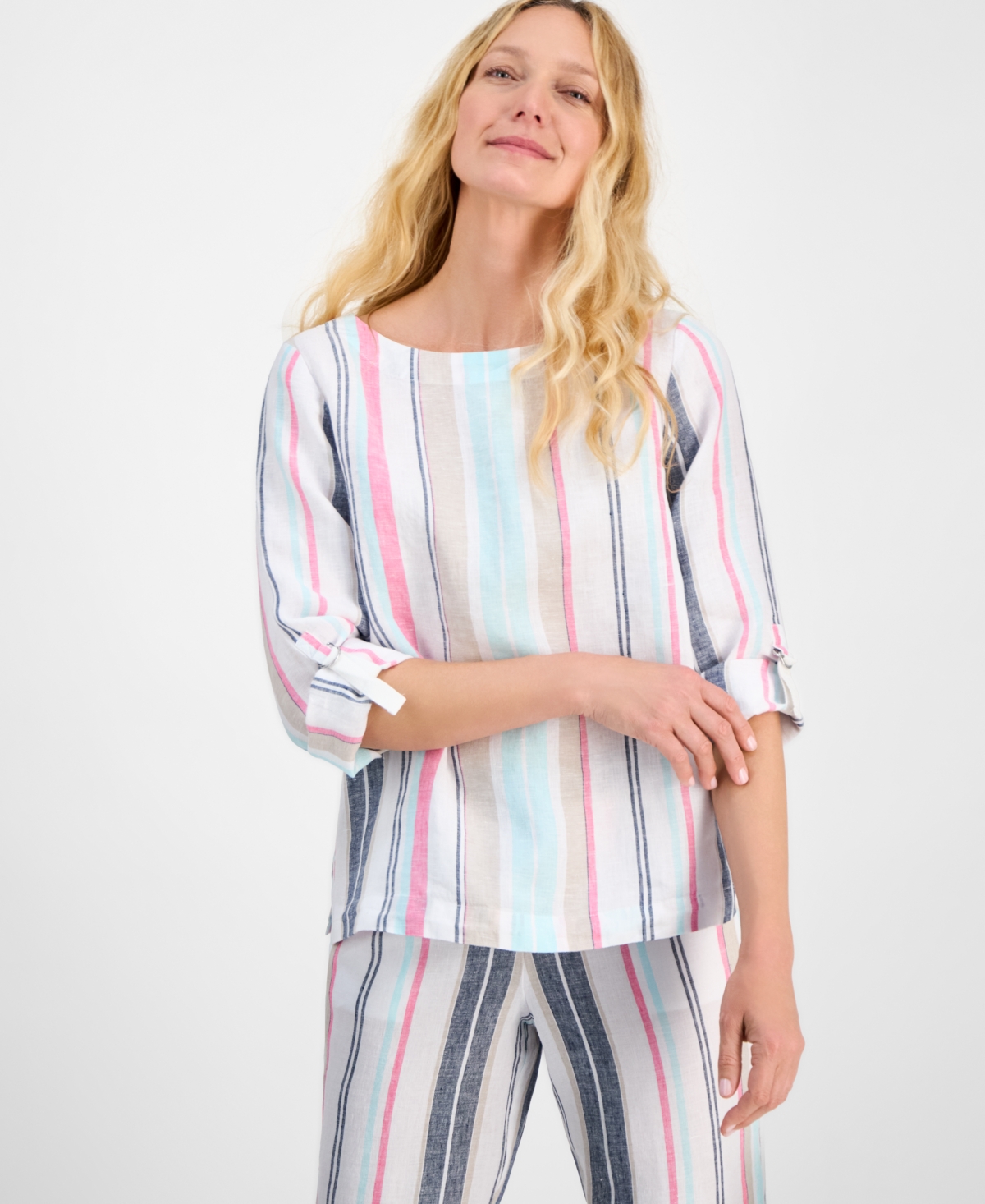 CHARTER CLUB WOMEN'S STRIPED 100% LINEN TOP, EXCLUSIVELY AT MACY'S 