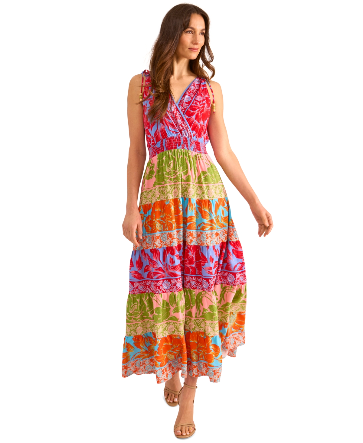 Vince Camuto Print Beaded Tiered Maxi Dress In Pink