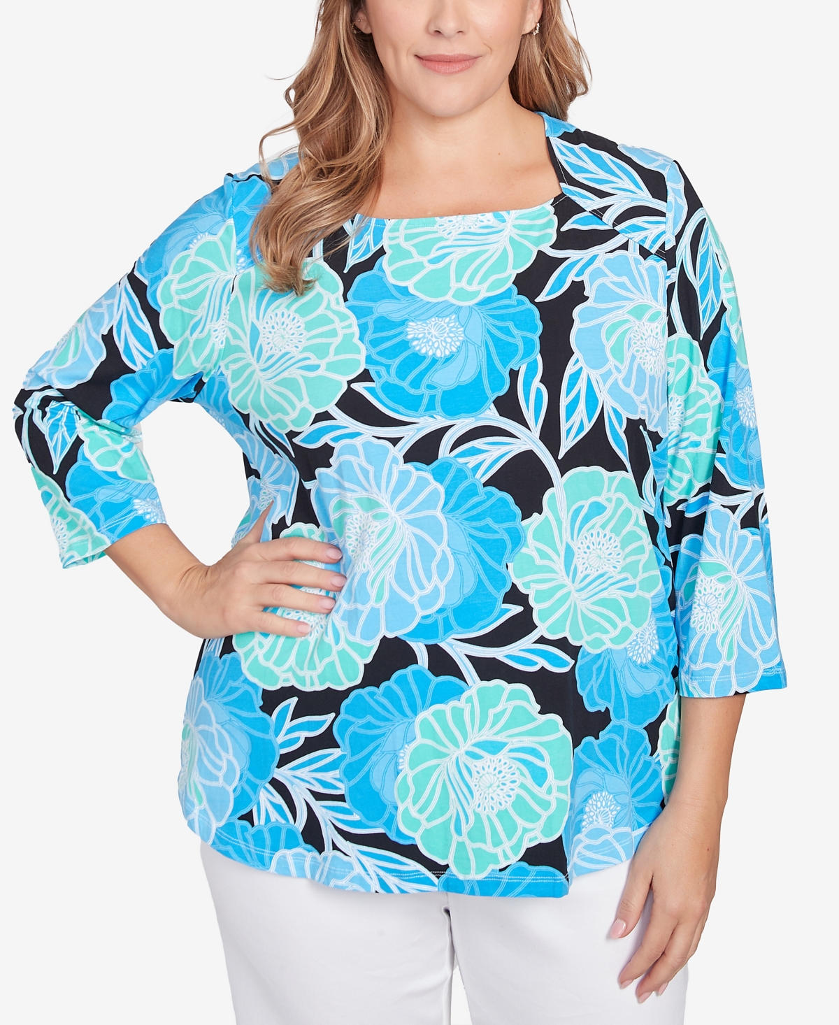 Ruby Rd. Plus Size Bold Poppies Envelope Neck Top In Lagoon Multi