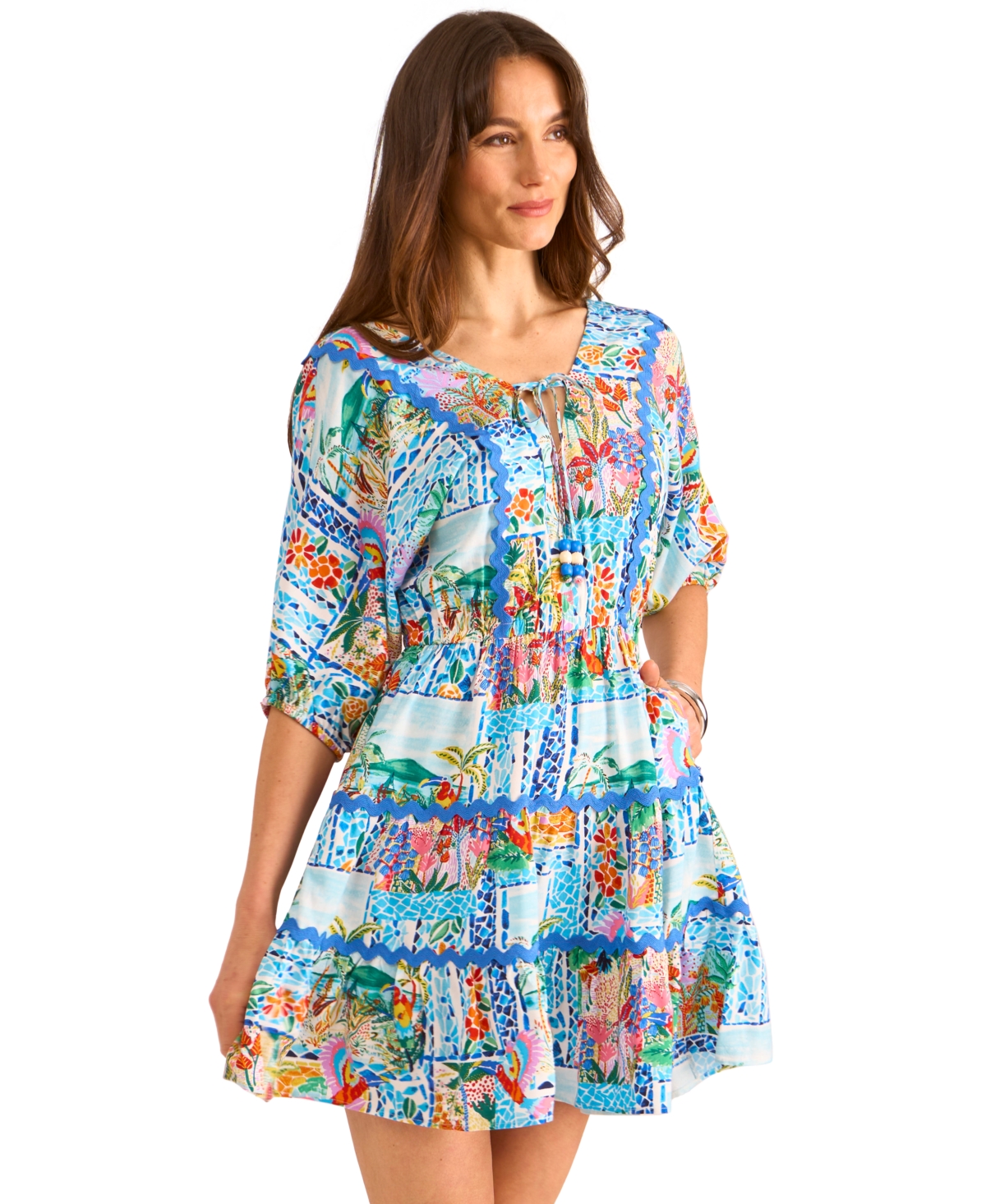 Vince Camuto Printed Tie Front Three Tier Mini Dress In Blue