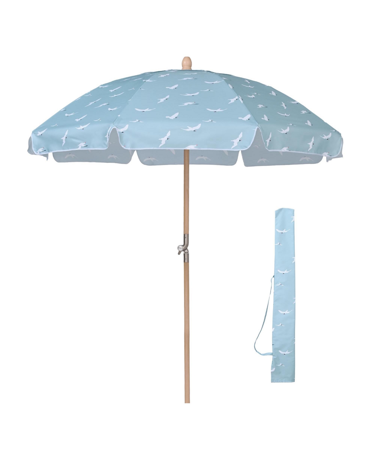 Our Beach Portable Umbrella for Sand Beech Wood Pole Carry Bag with Printed Seagull Cute Garden Parasol - Natrual