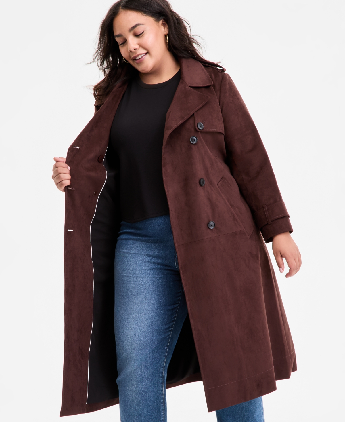 Bcbgmaxazria Plus Size Double-breasted Faux-suede Belted Trench Coat In Brown
