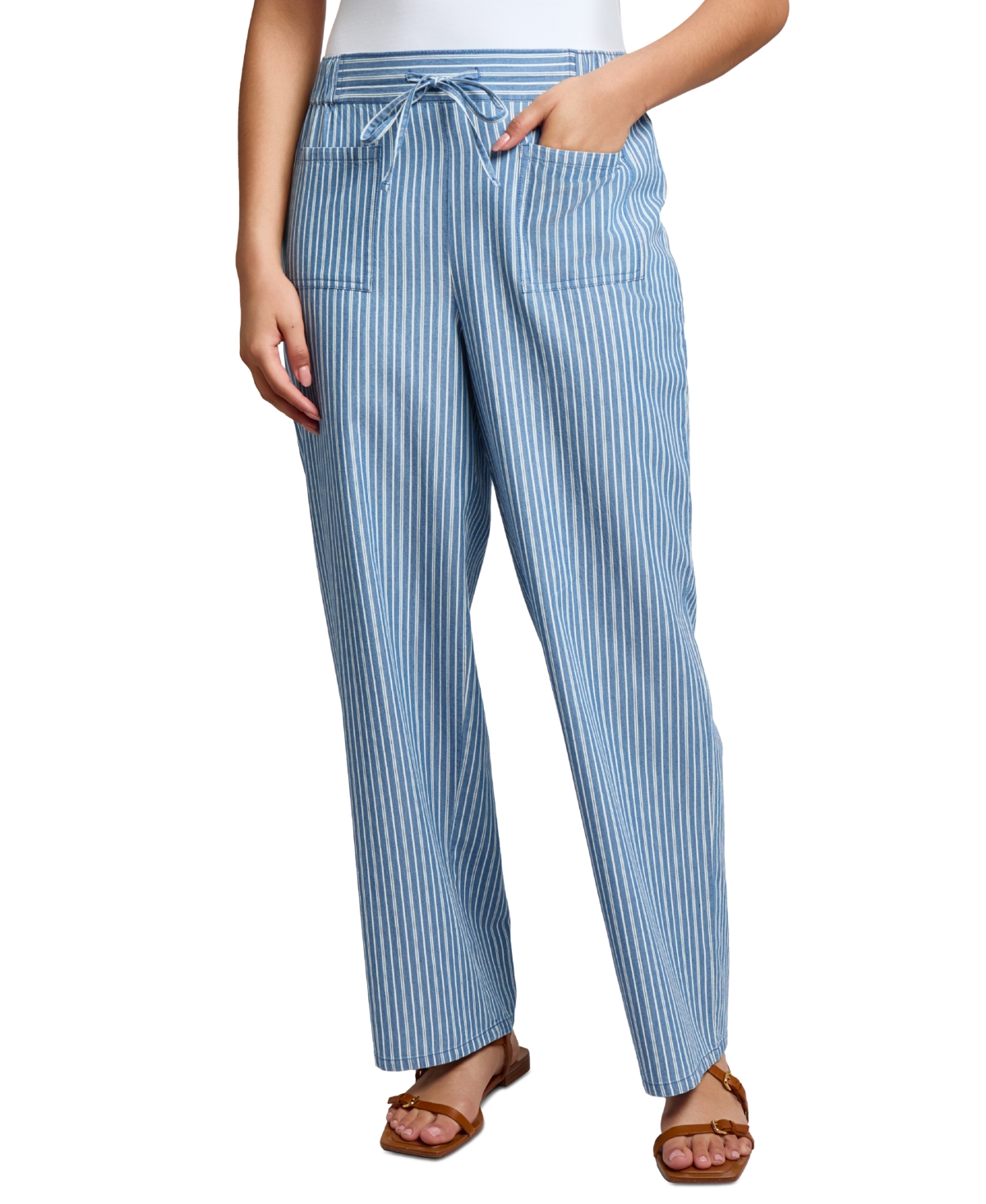 Petite Cotton Patch-Pocket Drawstring Pants - Striped Medium Wash