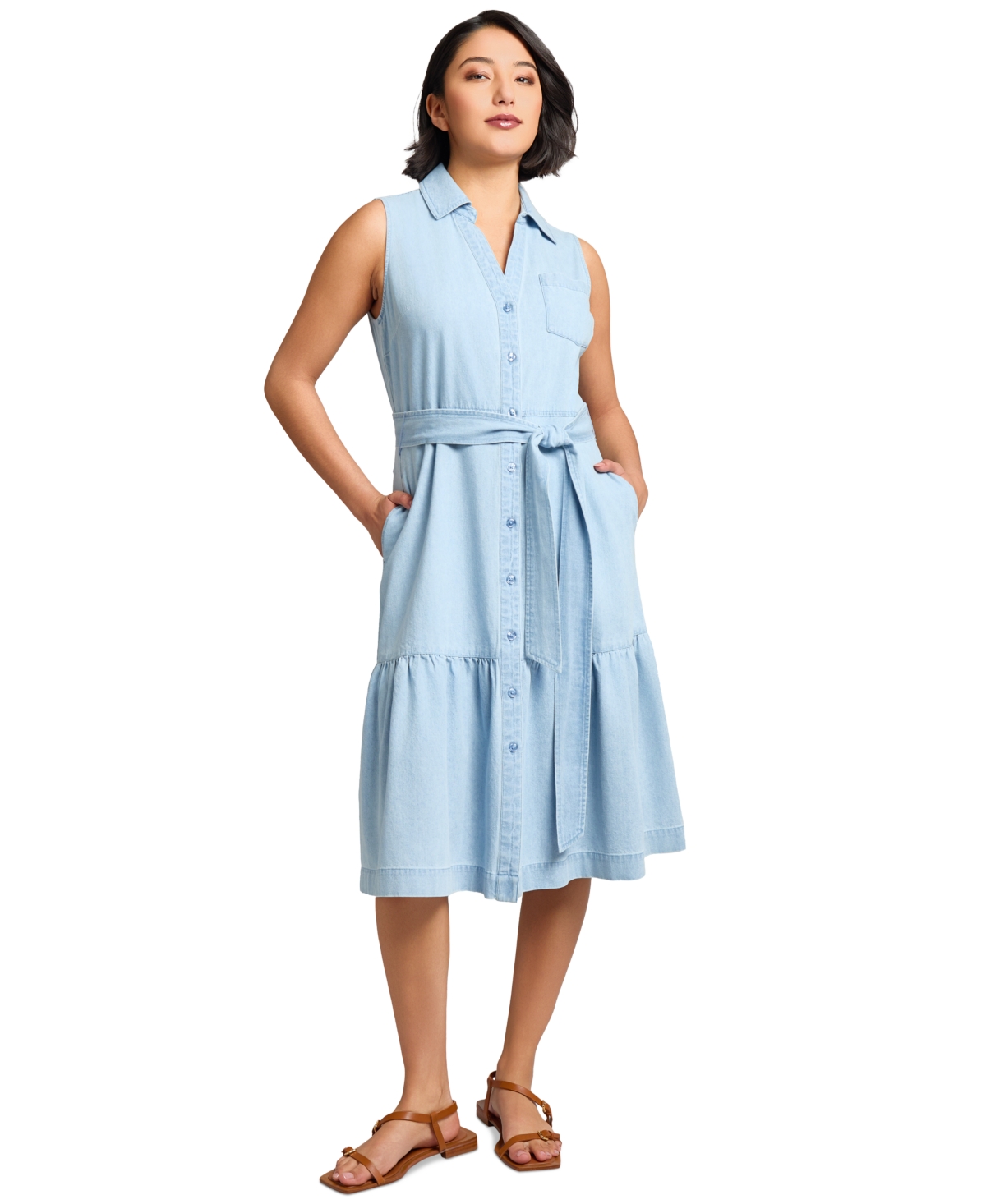 Jones New York Petite Cotton Belted A-line Shirtdress In Blue