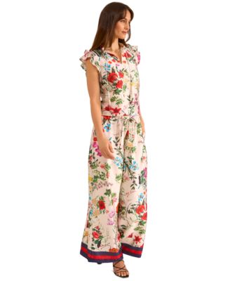 Women's Satin Floral-Print Ruffled Sleeve Top