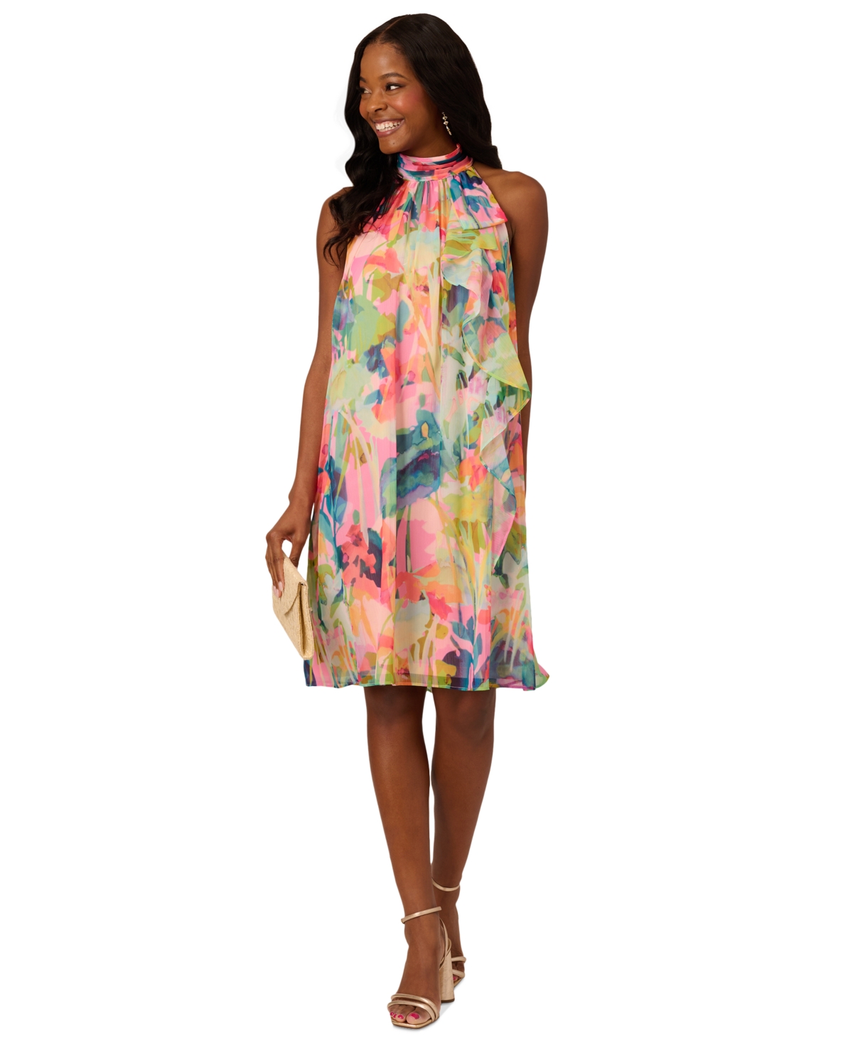 Petite Printed Chiffon Halter Dress - Pink Multi