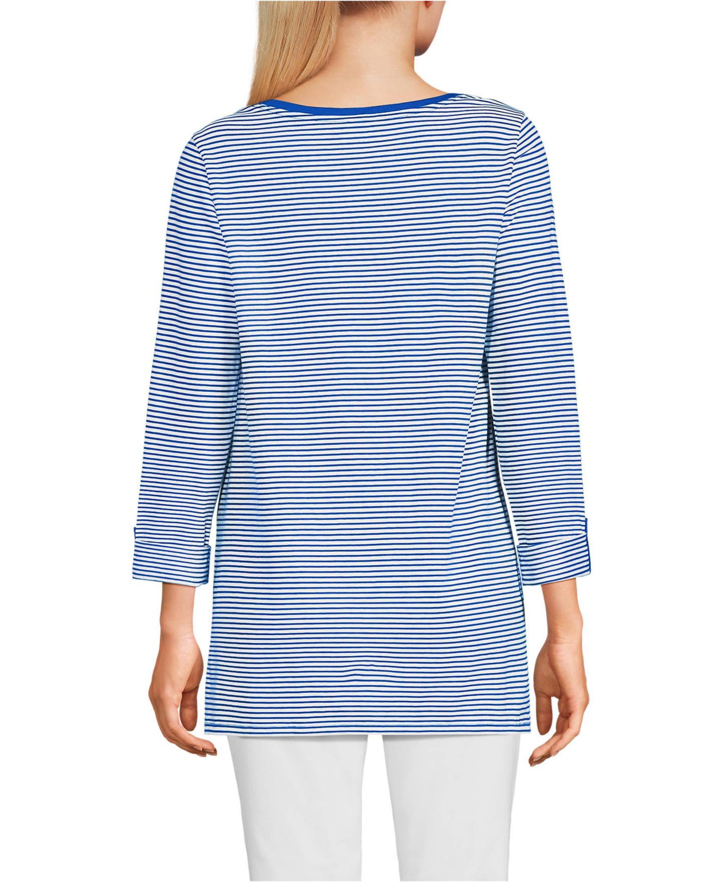 Женский топ Lands' End Supima Cotton Adjustable 3/4 Sleeve Boatneck Tunic, цвет: Кобальтовый / Слоновая кость полосатый — фото 2