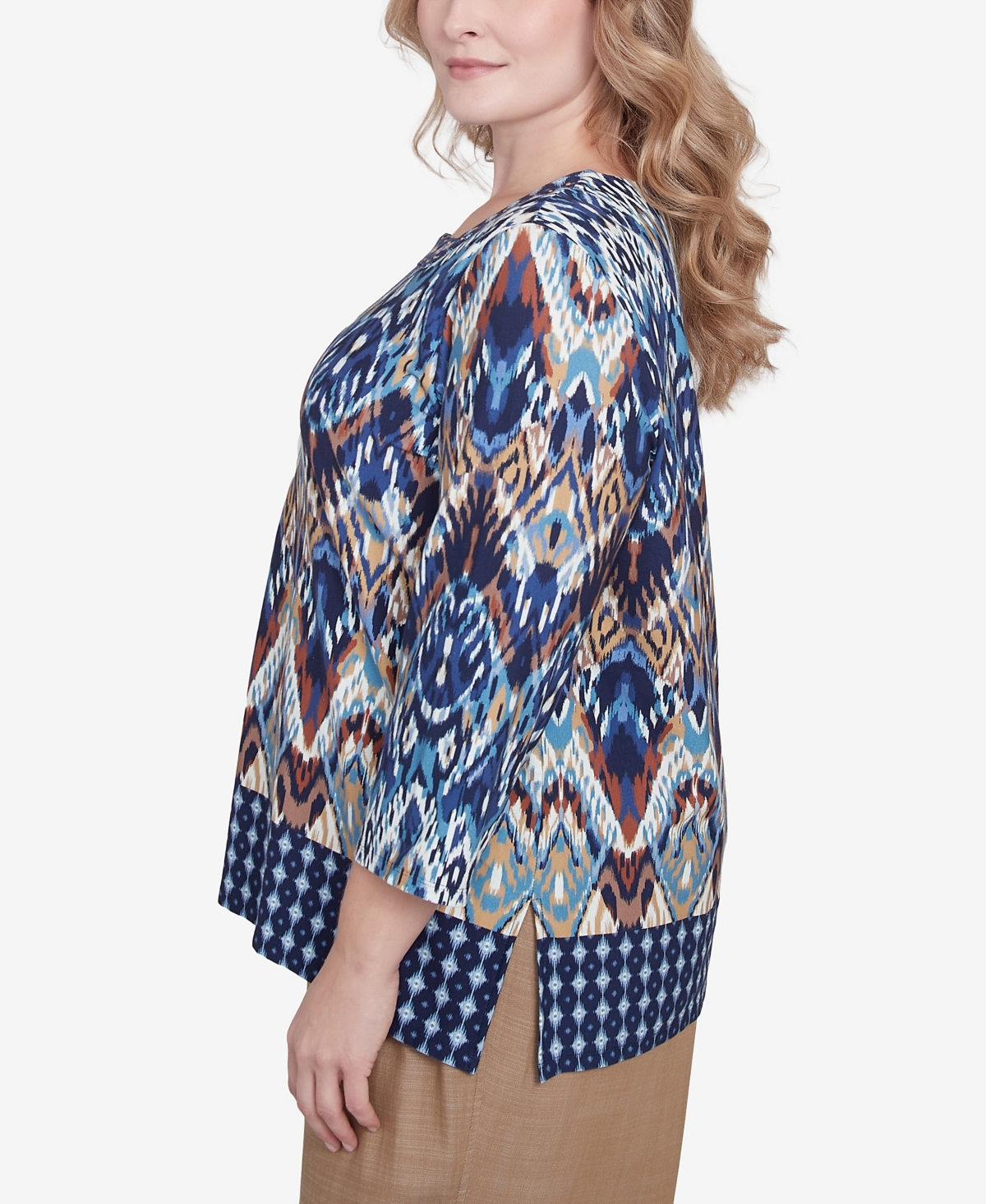 Alfred Dunner Plus Size Summer Solstice Ikat Diamond Border Square Neck Top In Navy Multi