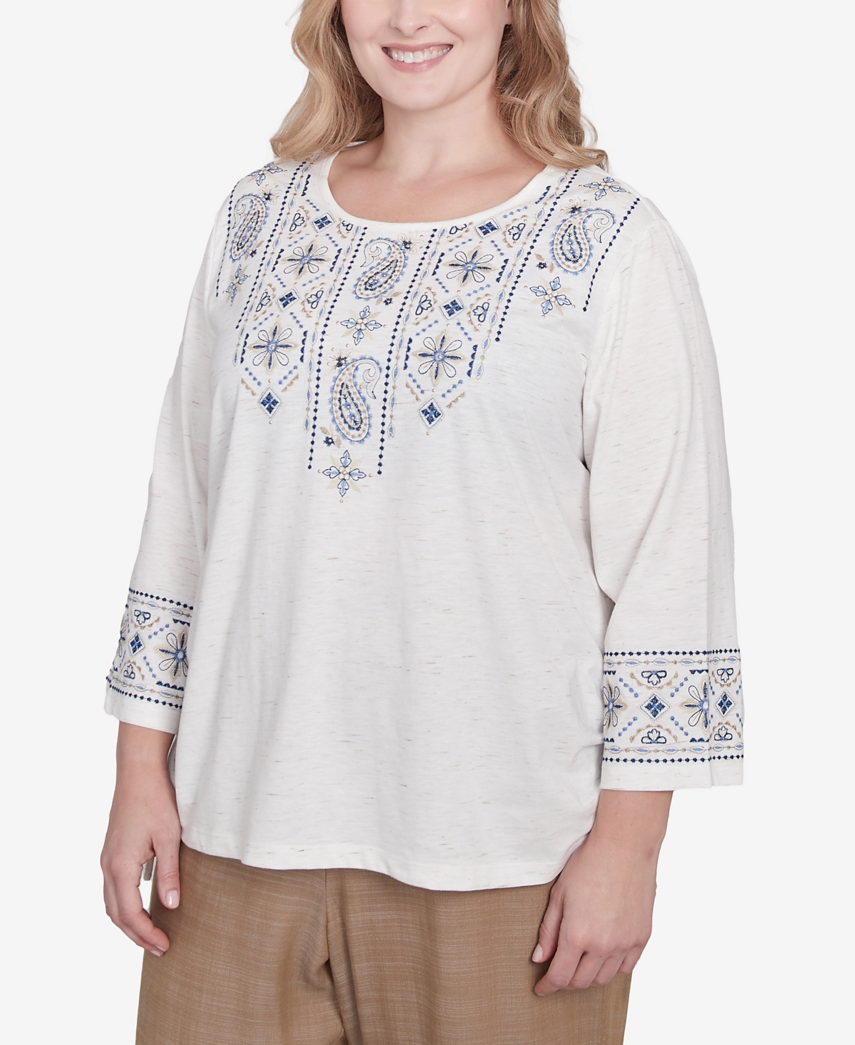 Alfred Dunner Plus Size Summer Solstice Linear Embroidered Tie Sleeve Top In Linen
